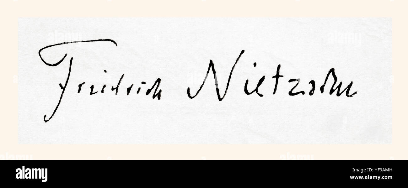 Signature of Friedrich Wilhelm Nietzsche, 1844 – 1900. German philosopher, cultural critic, poet and philologist.  From Meyers Lexicon, published 1924. Stock Photo
