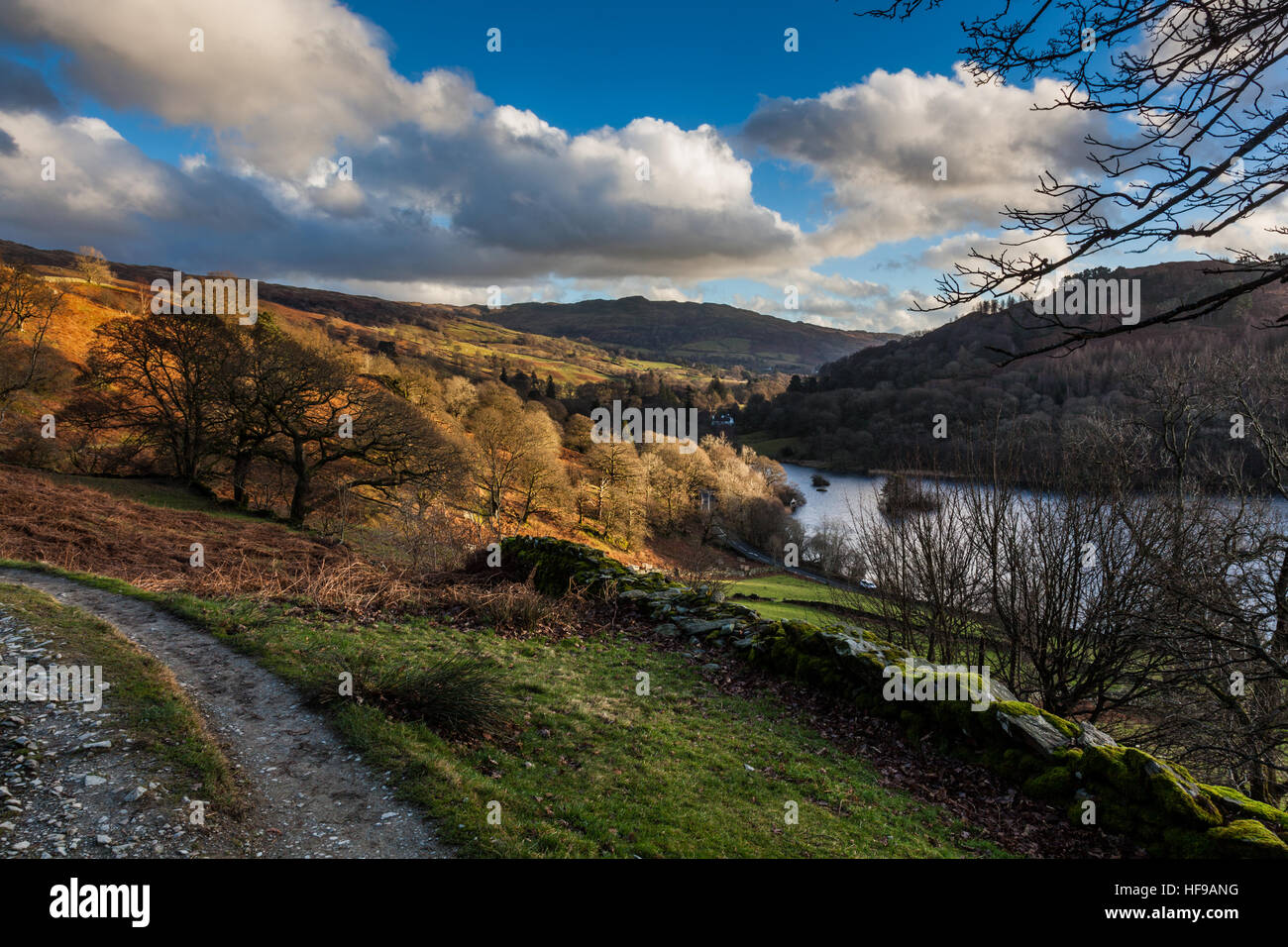 Wansfell Pike and Rydal Water, seen from the Coffin Route below Heron Pike, between Rydal and Grasmere, lake District, Cumbria Stock Photo