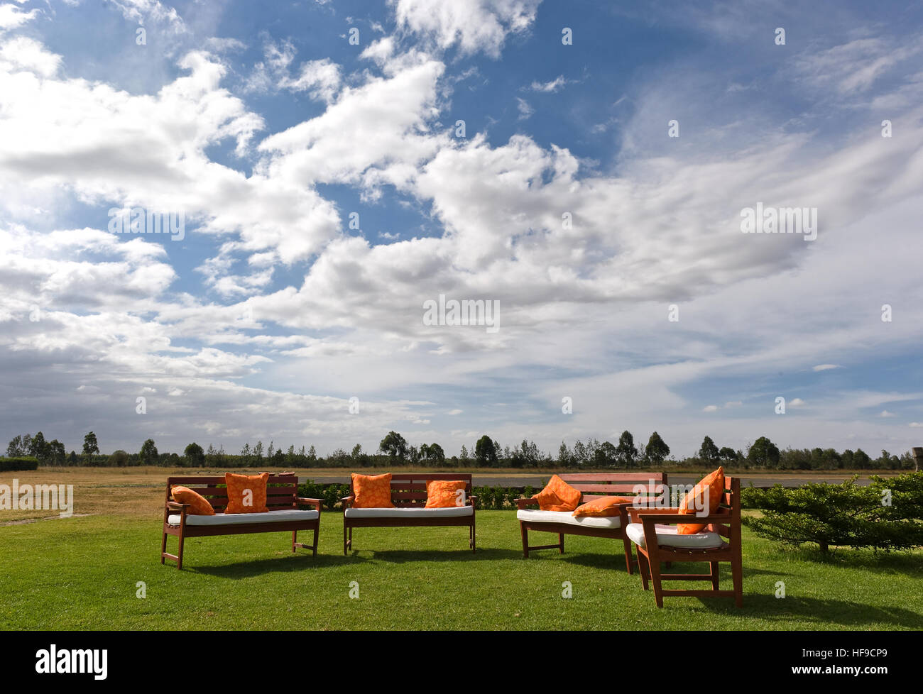Cushioned chairs on grass patio Stock Photo Alamy