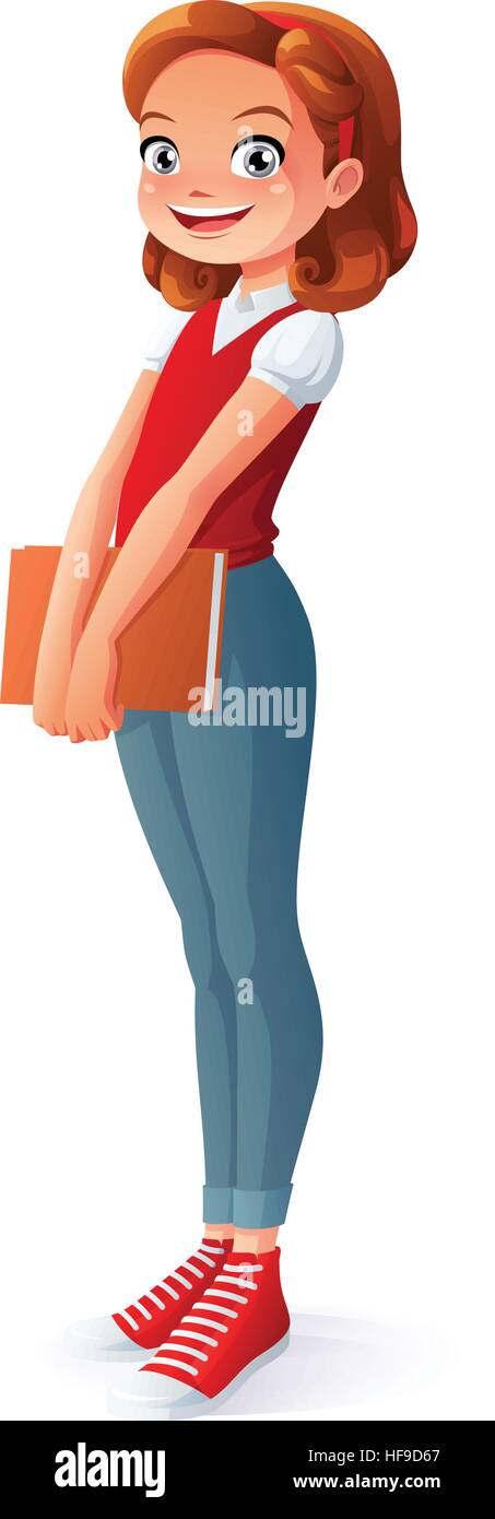 Vector cute smiling young school student girl standing with book Stock  Vector Image & Art - Alamy
