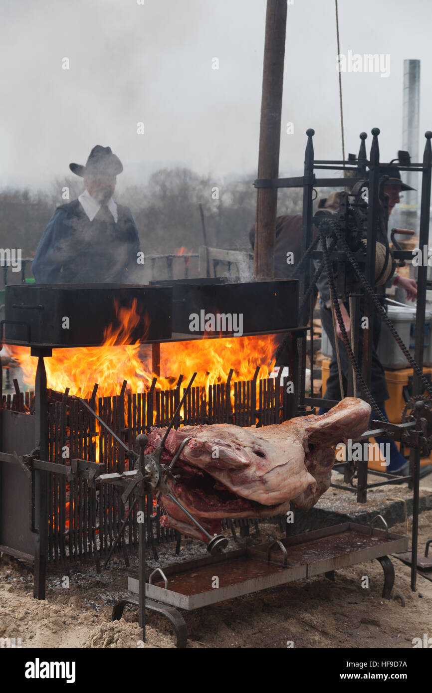 Roasting Wild Boar during the Escalade celebration in Geneva Stock Photo