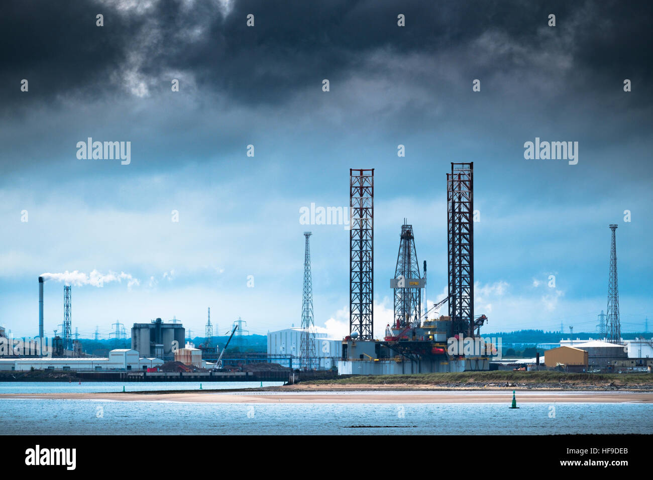 View of Teesside including the Ensco 70 jackup drilling rig. Stock Photo