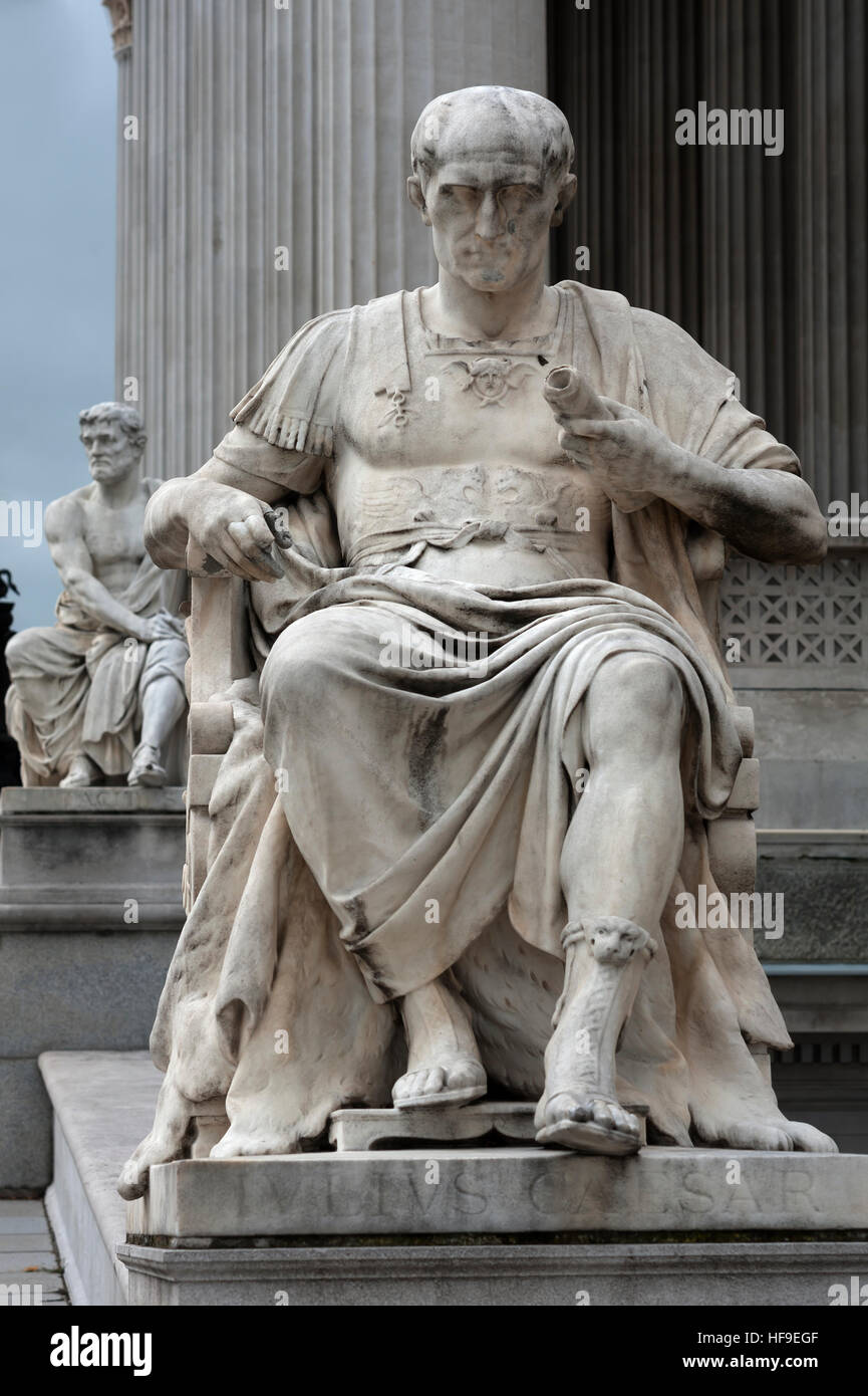 Statue of Julius Caesar, 1900, Tacitus behind, in front of Parliament, Vienna, Austria Stock Photo