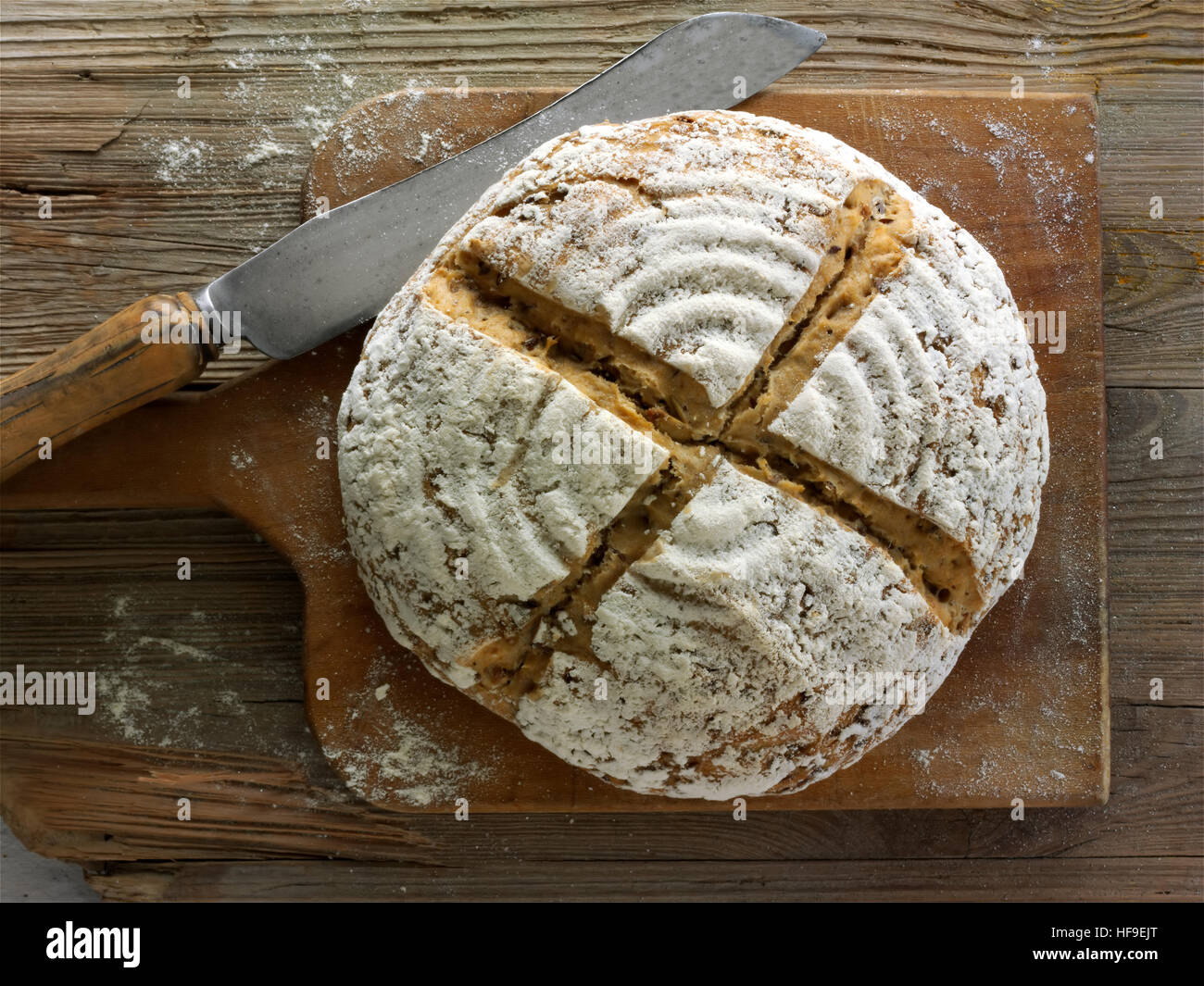 Artisan sour dough wholemeal seed bread with white, malted rye flour Stock Photo