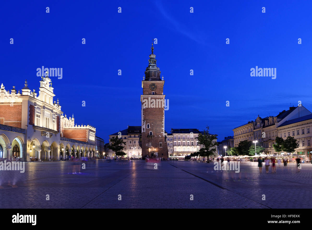 Market Square, Cloth Hall, Town Hall Tower, Night Scene, historic centre, Kraków, Poland Stock Photo