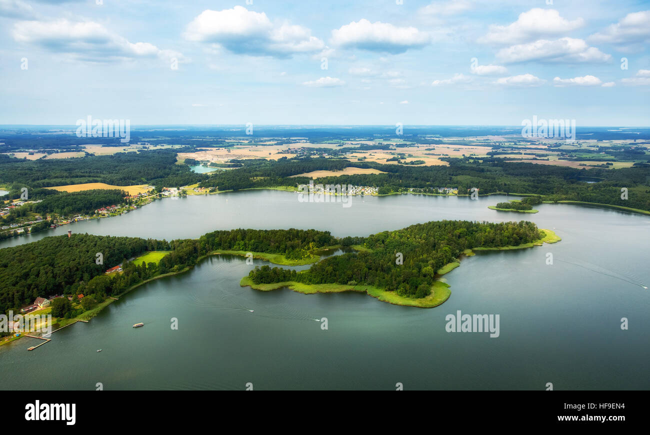 Aerial view, lake with peninsulas, Lake Krakow, Lehmwerder and Ehmkewerder, Mecklenburg Lake District Stock Photo