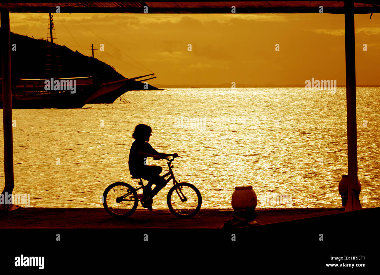 Boy on bike over harbor at sunset Stock Photo