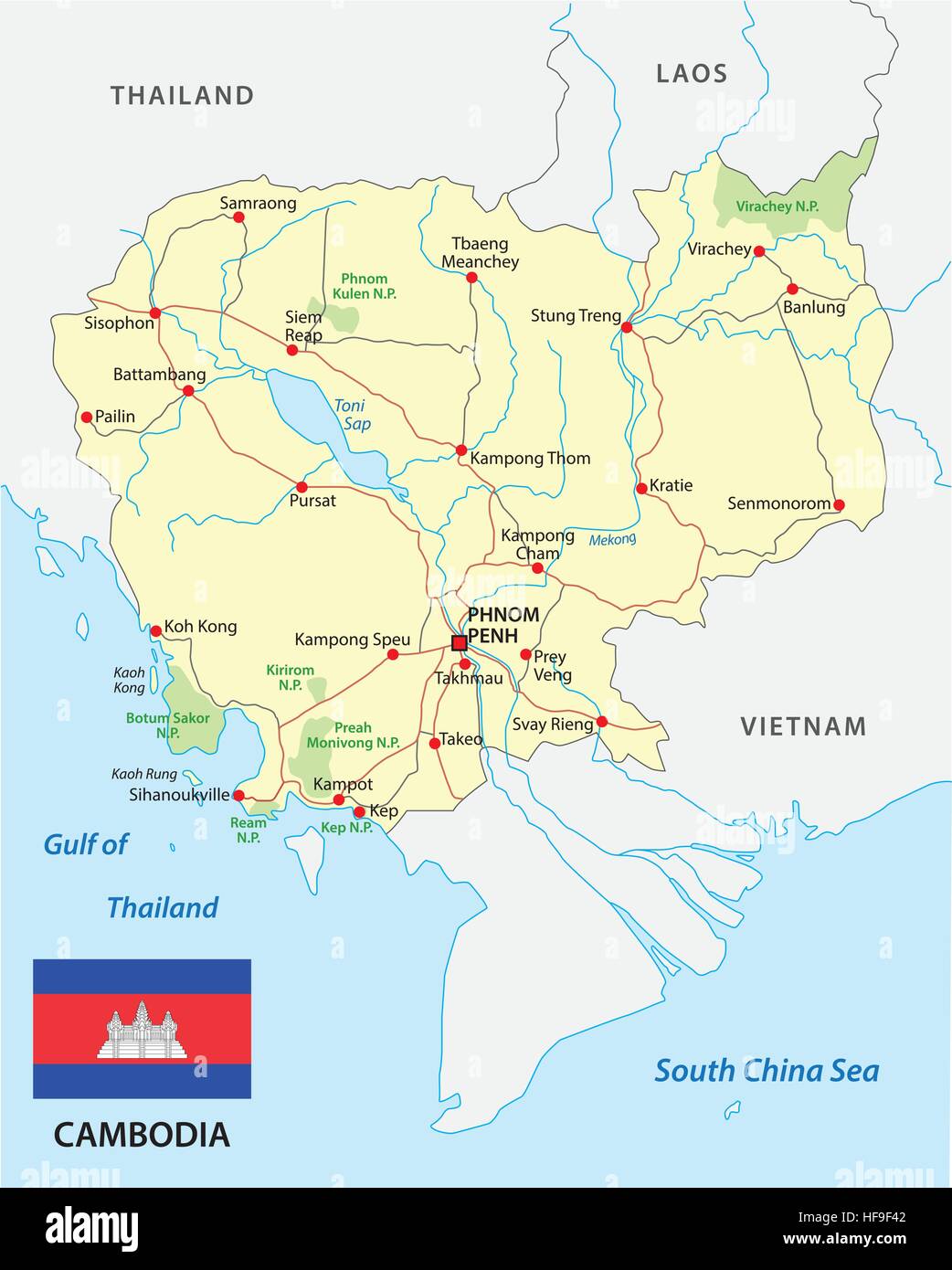 cambodia road map with flag Stock Vector