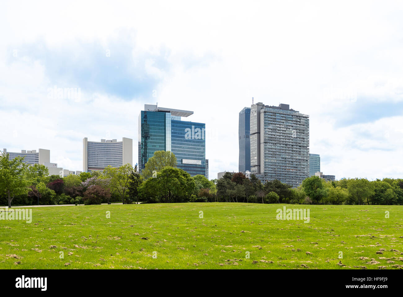 View on vienna international center, un city and office buildings seen from danube park, austria Stock Photo