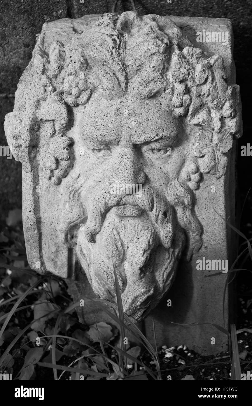 A cement stone green mans face in the leaves, spirit of the woods. b/w Stock Photo