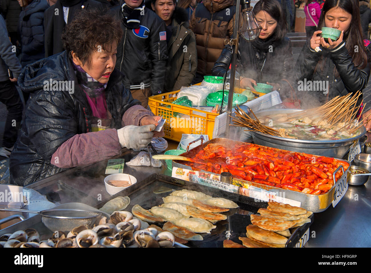 Street Food at Myeongdong Market in Seoul, South Korea Stock Photo