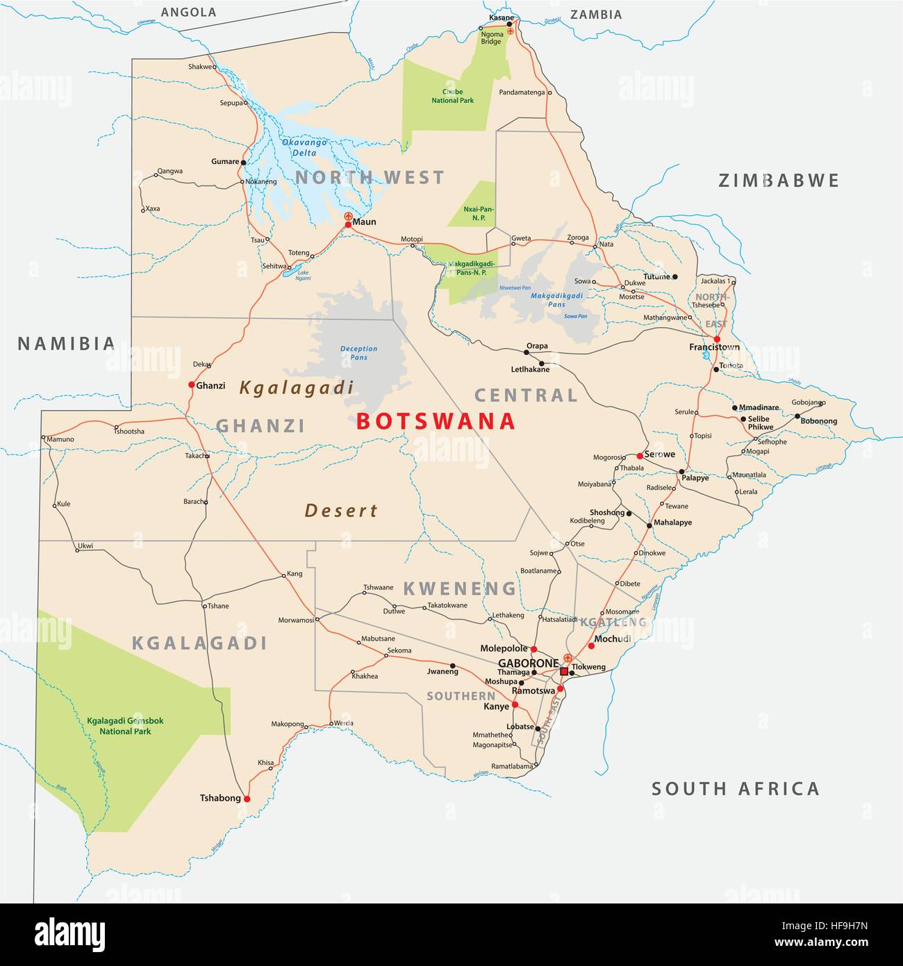 Botswana Road And Administrative Map Stock Vector Image Art Alamy 