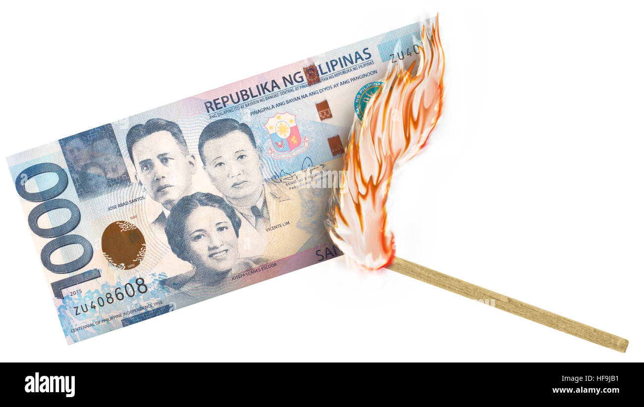 A banknote being burned by a match with burning in a big flame Stock