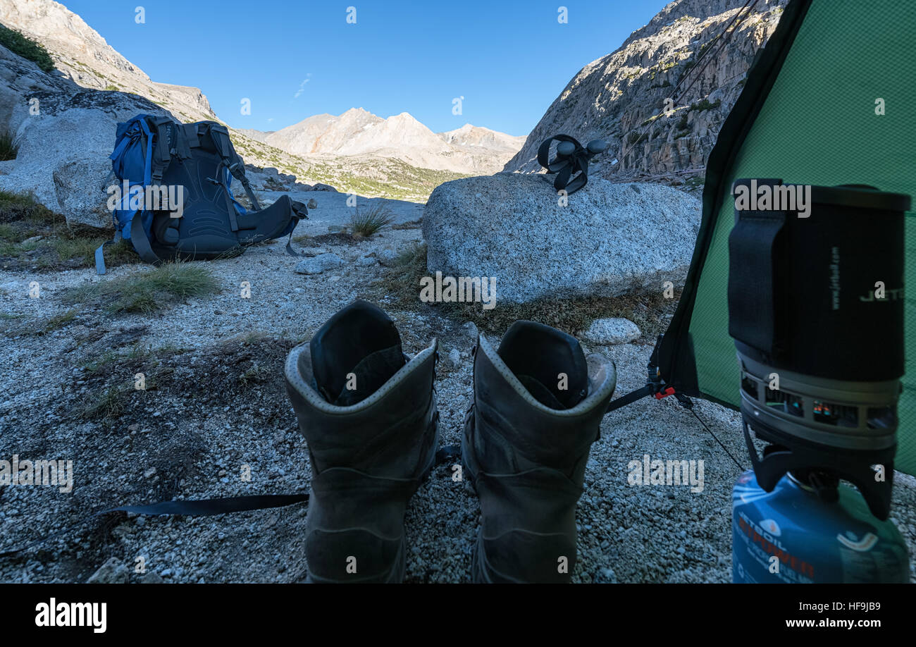 Camping by the Palisade Lakes, John Muir Trail, Kings Canyon National Park, California, United States of America, North America Stock Photo