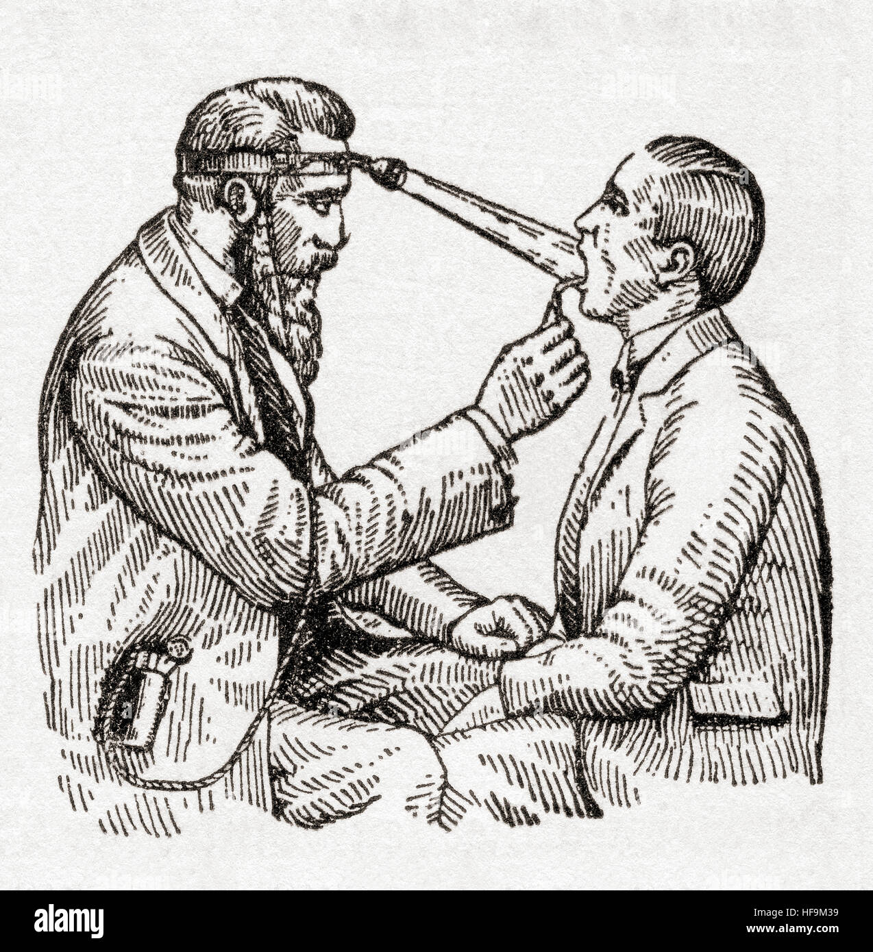 A doctor in the19th century using medical lighting equipment worn on his head to examine a patient's throat.  From Meyers Lexicon, published 1924. Stock Photo