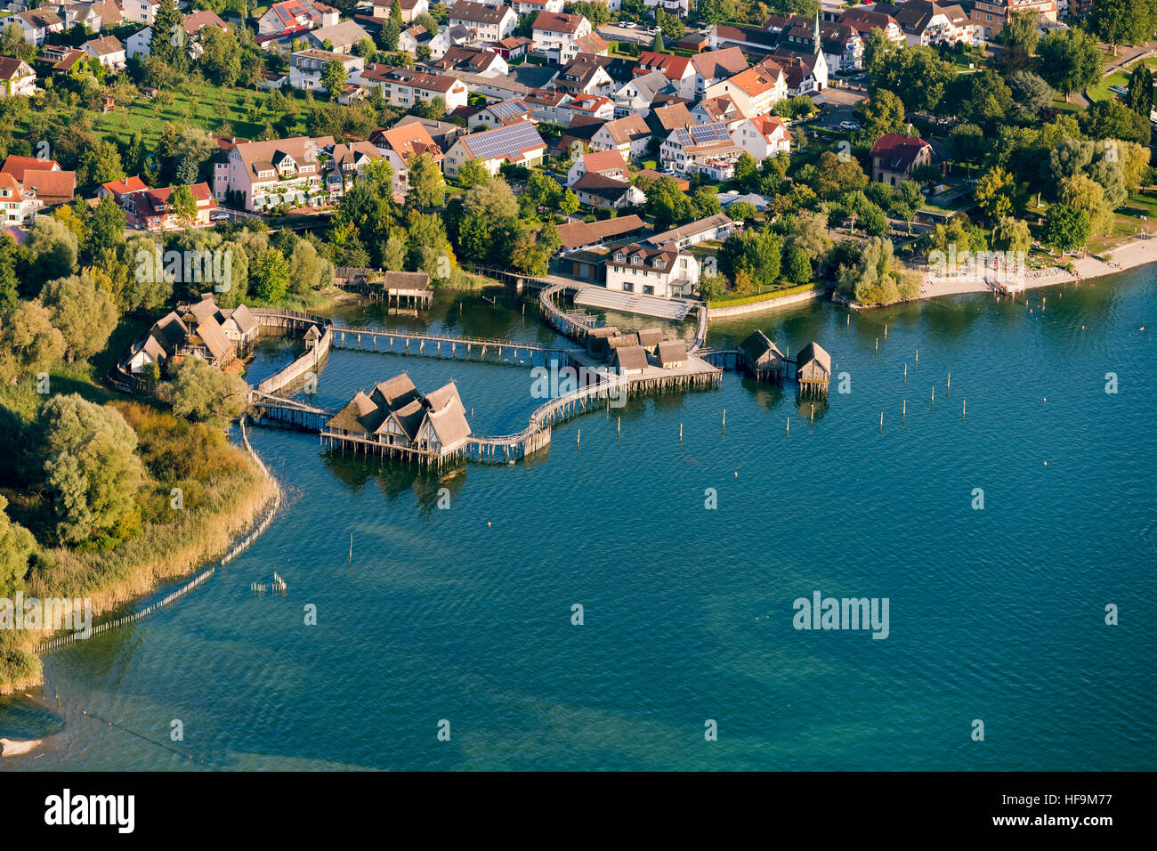 Aerial view of stilt houses, village of Unteruhldingen, Uhldingen Muhlhofen, Lake Constance, Baden-Württemberg, Germany Stock Photo