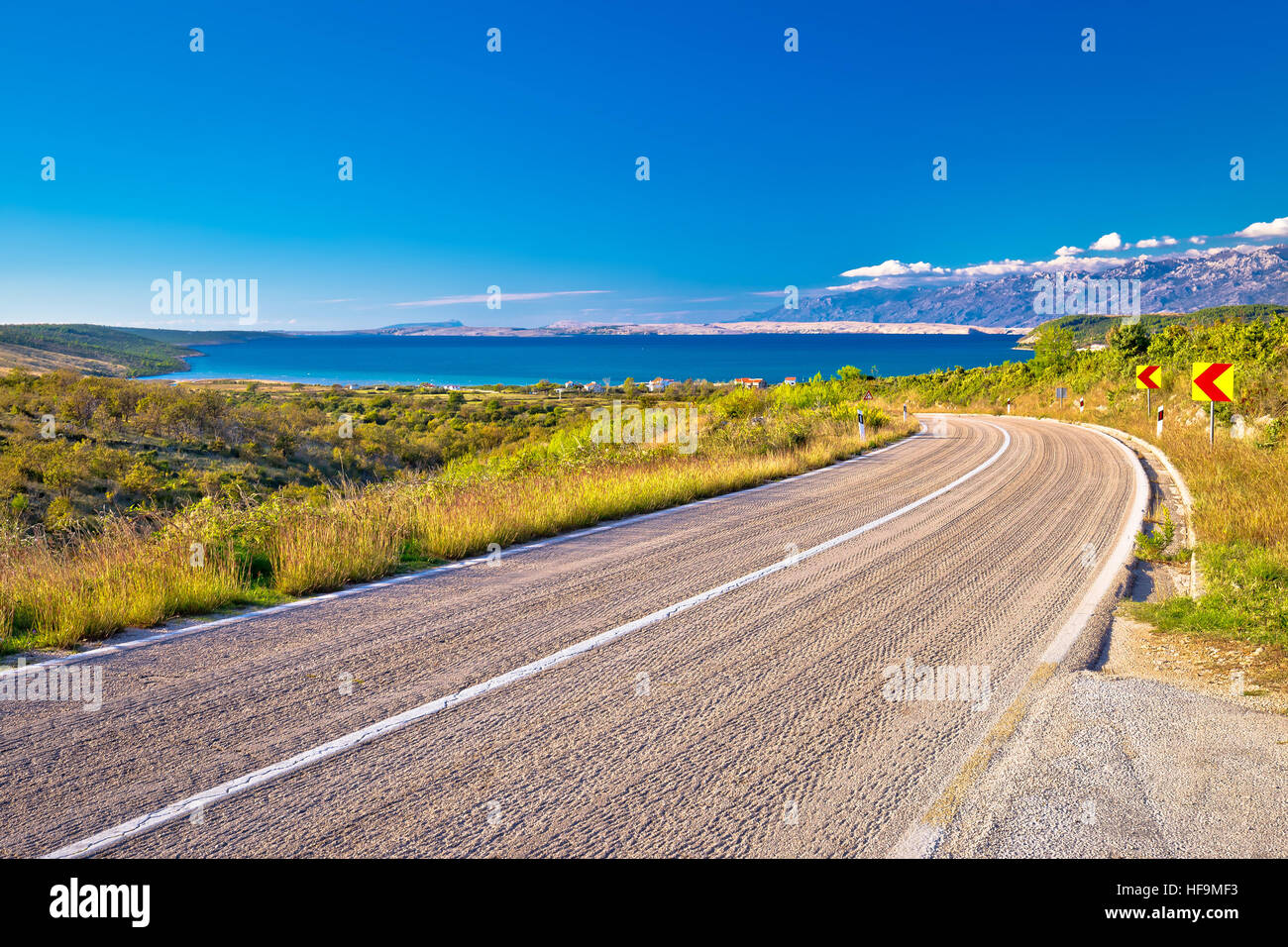 Scenic road by the sea in Croatia, Zadar background and Pag island Stock Photo