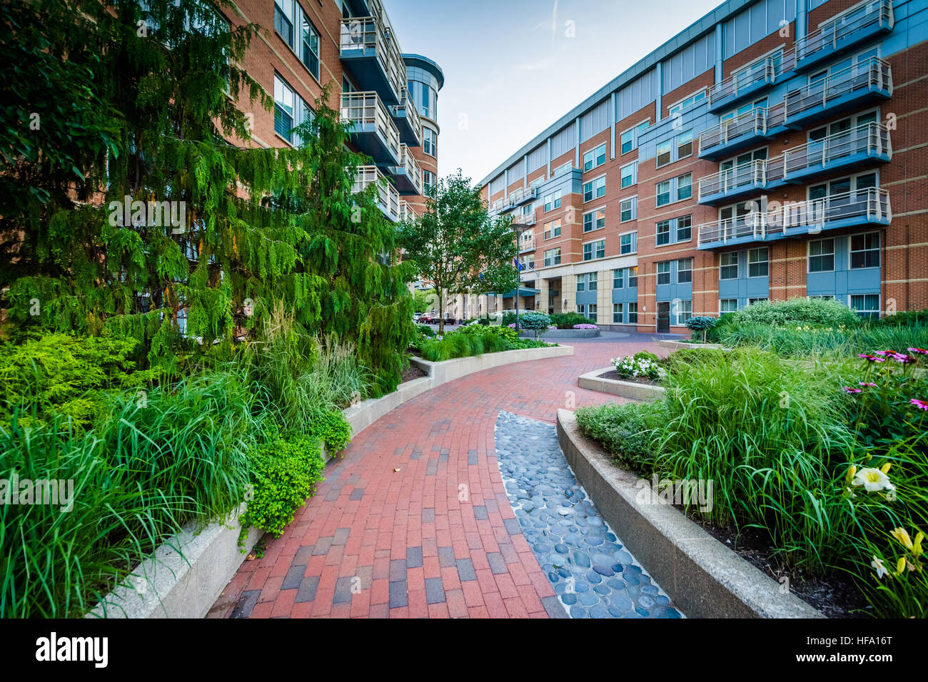 Gardens and buildings at Battery Wharf, in the North End, Boston, Massachusetts. Stock Photo