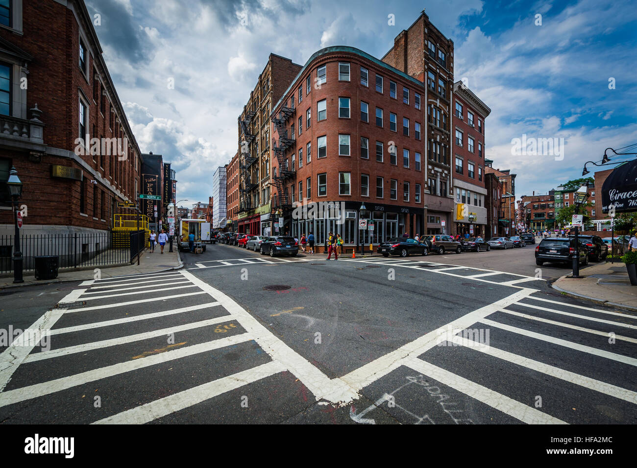 Intersection and historic buildings in the North End of Boston, Massachusetts. Stock Photo