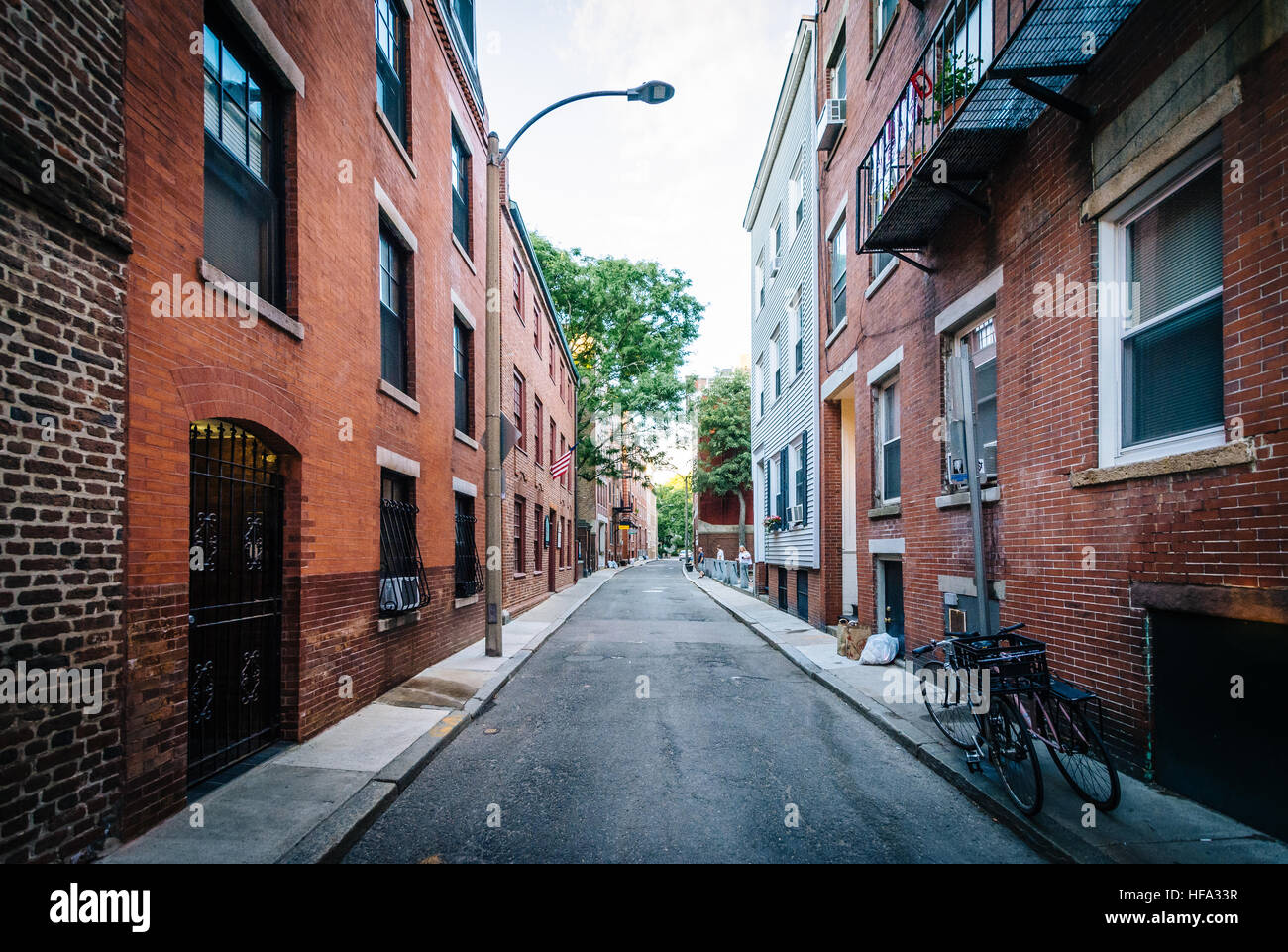 Narrow street in the North End of Boston, Massachusetts. Stock Photo