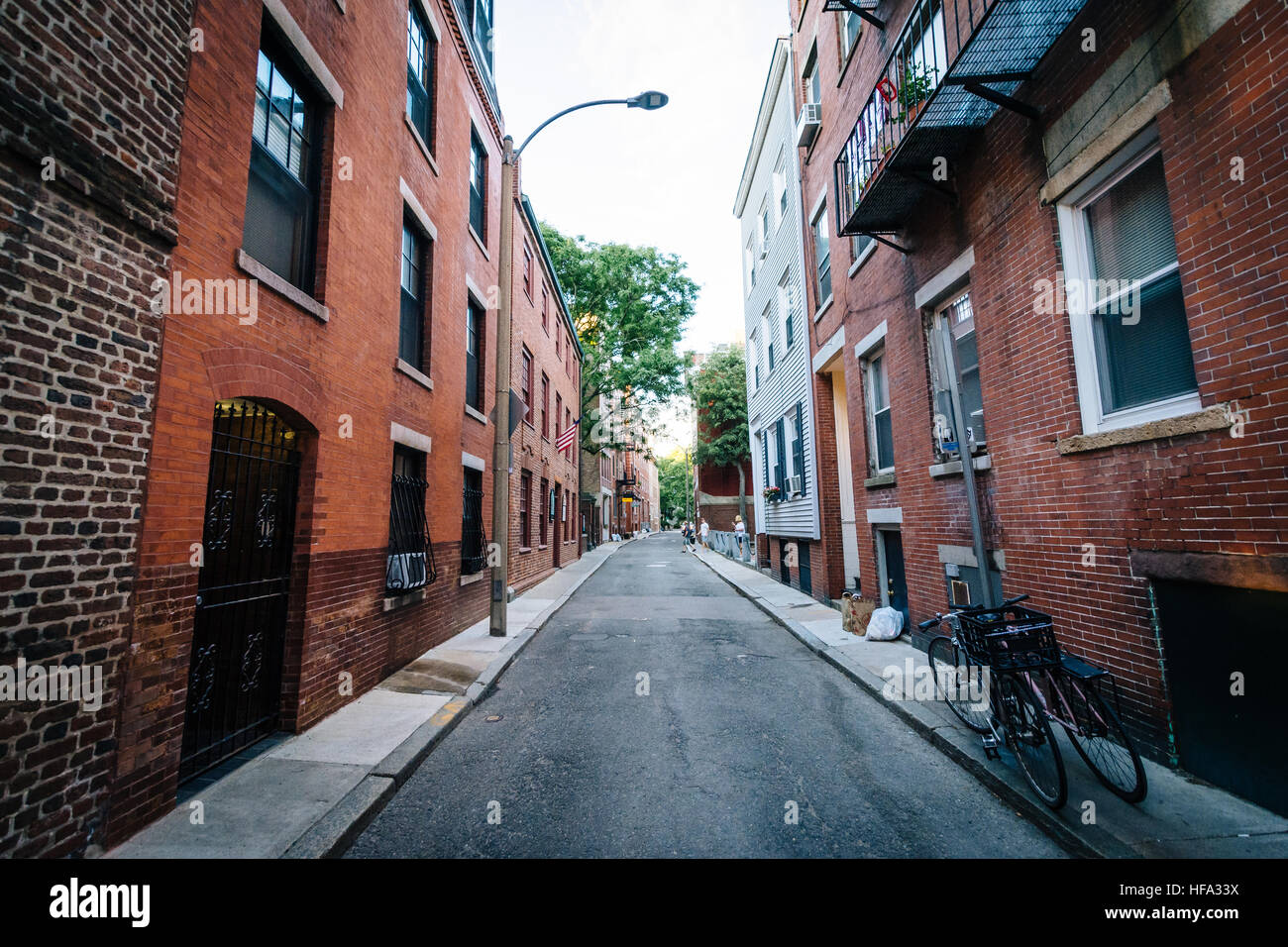 Narrow street in the North End of Boston, Massachusetts. Stock Photo