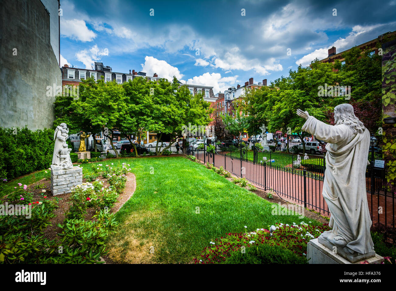 Statue and gardens at St. Leonard's Church, in the North End of Boston