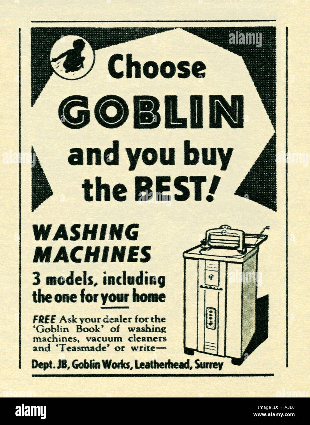 A 1957 advert for Goblin washing machines. The advert appeared in a magazine published in the UK in May 1957 Stock Photo