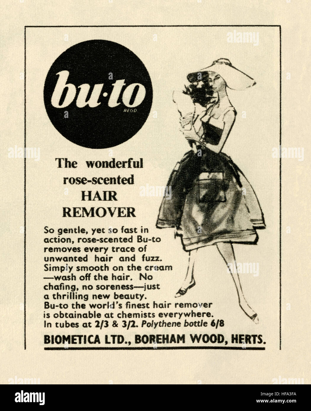 A 1959 advert for Bu-to hair rose-scented removal cream. The advert appeared in a magazine published in the UK in May 1959 Stock Photo