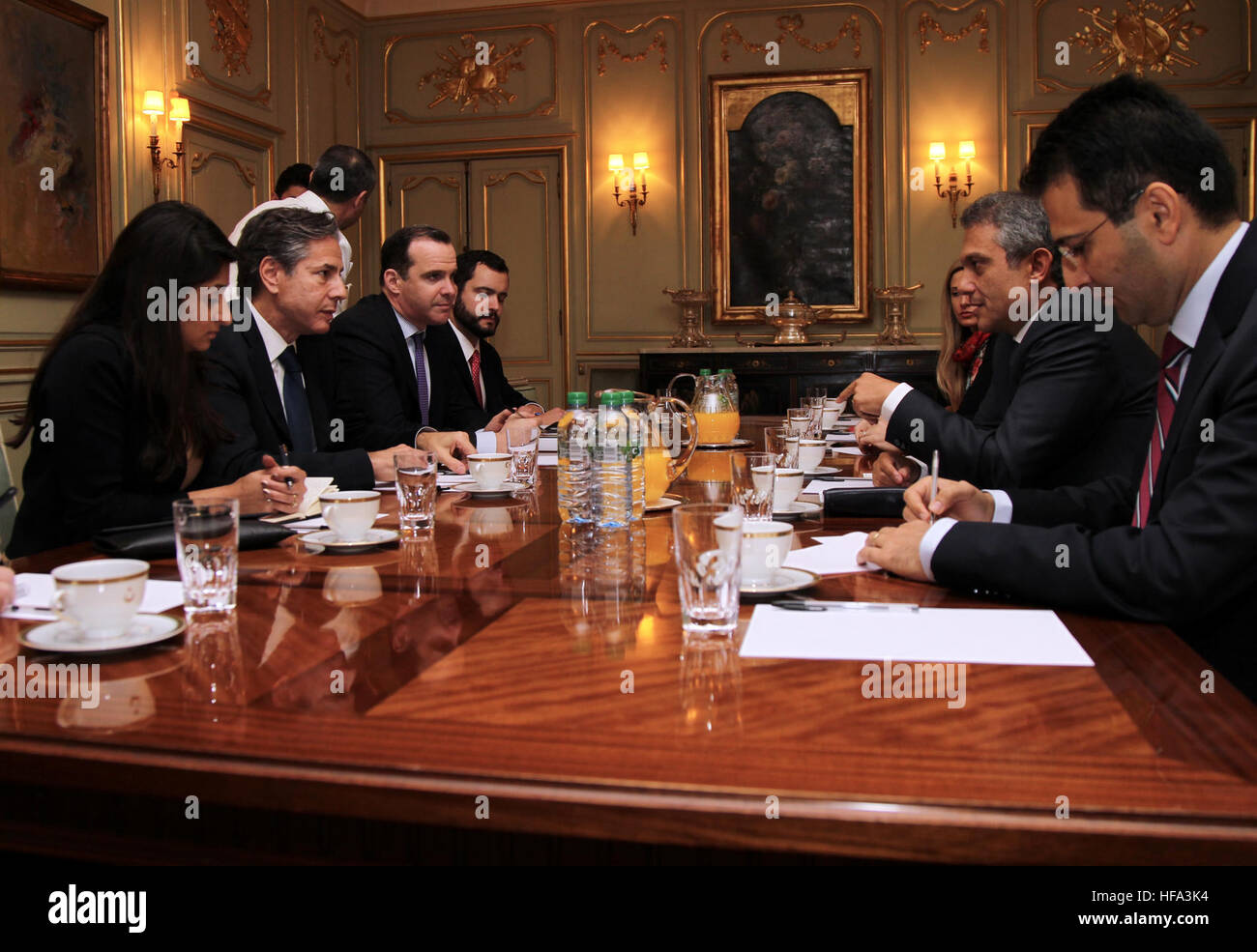 Deputy Secretary of State Antony &quot;Tony&quot; Blinken, with Special Presidential Envoy for the Global Coalition to Counter ISIL Brett McGurk, meets with Turkish Under Secretary Ümit Yalçın on the margins of a ministerial meeting hosted by the French Ministry of Foreign Affairs in Paris, France, on October 20, 2016. Stock Photo