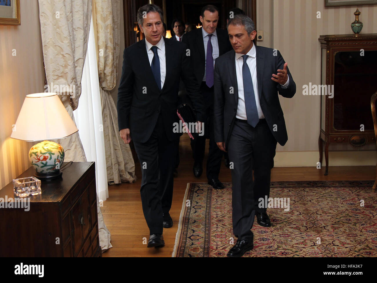 Deputy Secretary of State Antony &quot;Tony&quot; Blinken walks with Turkish Under Secretary Ümit Yalçın following their meeting on the margins of a ministerial meeting hosted by the French Ministry of Foreign Affairs in Paris, France, on October 20, 2016. Stock Photo