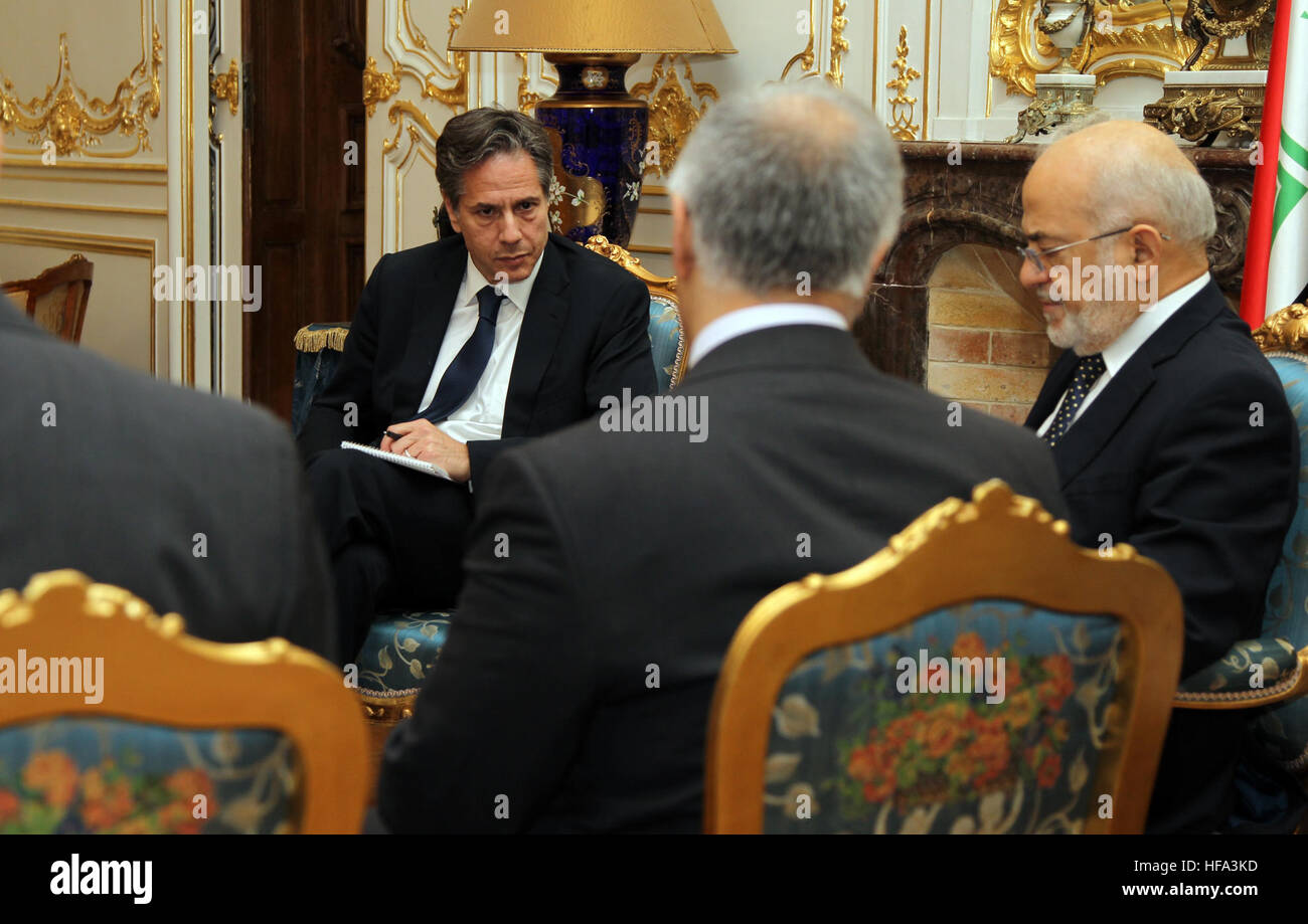 Deputy Secretary of State Antony &quot;Tony&quot; Blinken meets with Iraqi Foreign Minister Ibrahim al-Jaafari on the margins of a ministerial meeting hosted by the French Ministry of Foreign Affairs in Paris, France, on October 20, 2016. Stock Photo