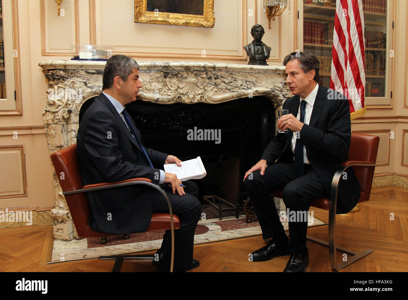 Deputy Secretary of State Antony &quot;Tony&quot; Blinken participates in an interview on the margins of a ministerial meeting hosted by the French Ministry of Foreign Affairs in Paris, France, on October 20, 2016. Stock Photo