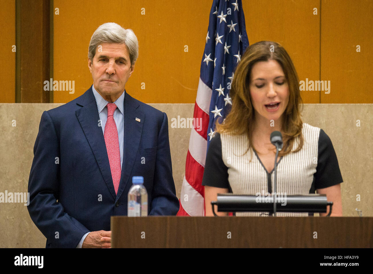 U.S. Assistant Secretary of State for Educational and Cultural Affairs Evan Ryan introduces U.S. Secretary of State John Kerry to deliver remarks at the 11th Annual Edward R. Murrow Program for Journalists at the U.S. Department of State in Washington, D.C., on November 2, 2016. Stock Photo