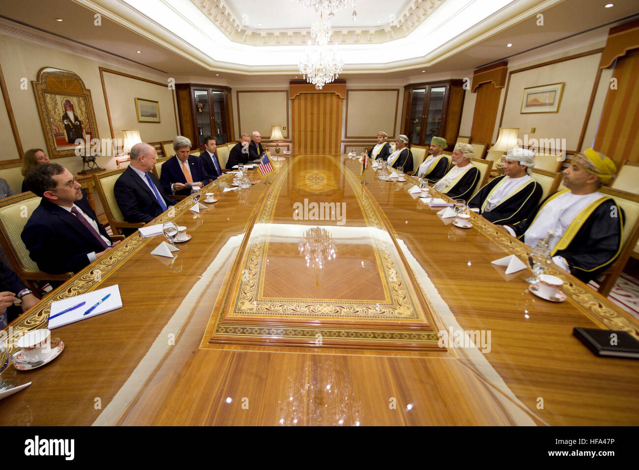 U.S. Secretary of State John Kerry looks over his notes before a bilateral meeting with Omani Foreign Minister Yusuf bin Alawi at the Ministry of Foreign Affairs in Muscat, Oman, preceding a conversation with Sultan Qaboos on November 14, 2016. Stock Photo