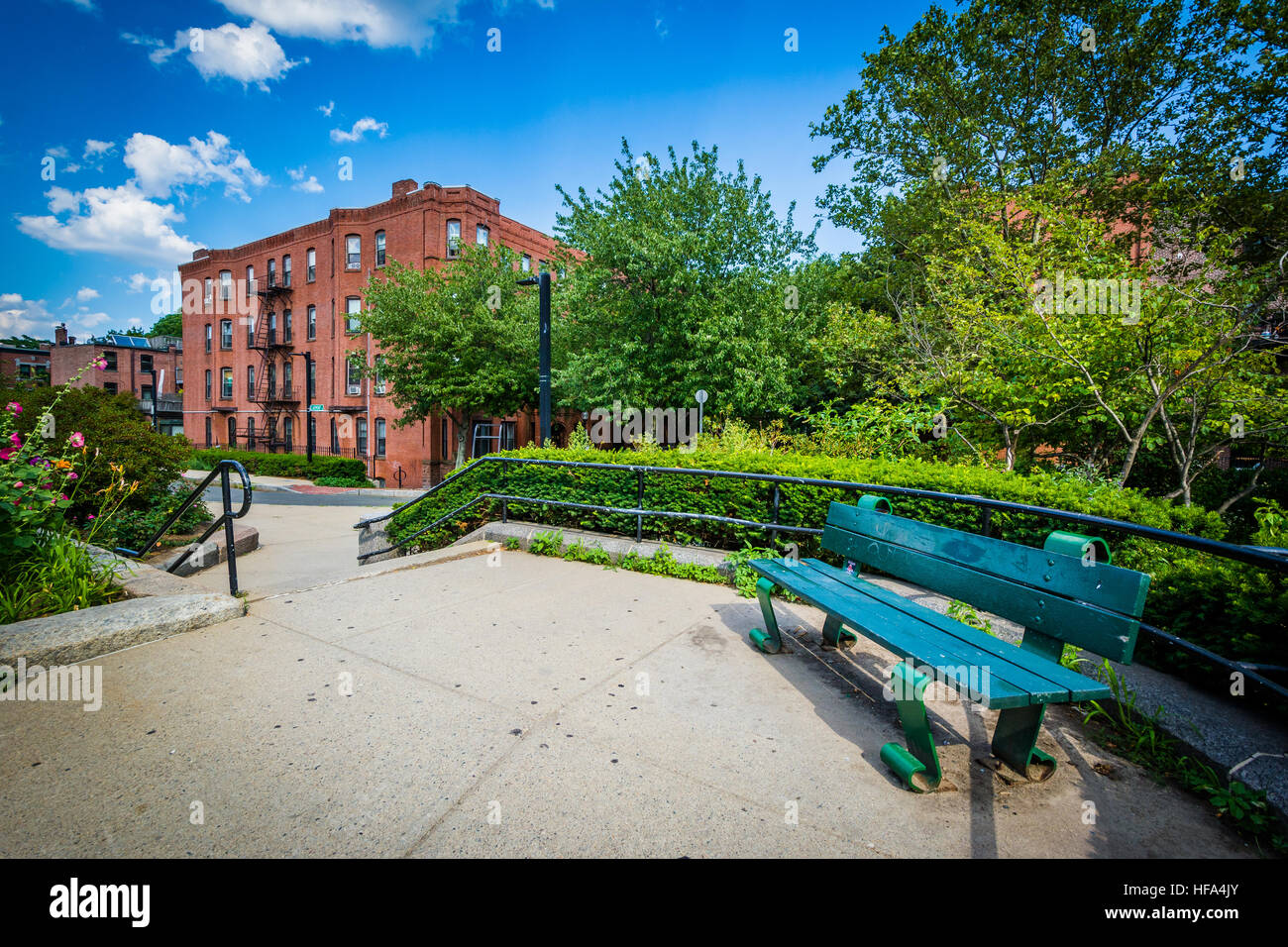 Walkway and bench at Southwest Corridor Park in Back Bay, Boston, Massachusetts Stock Photo Alamy