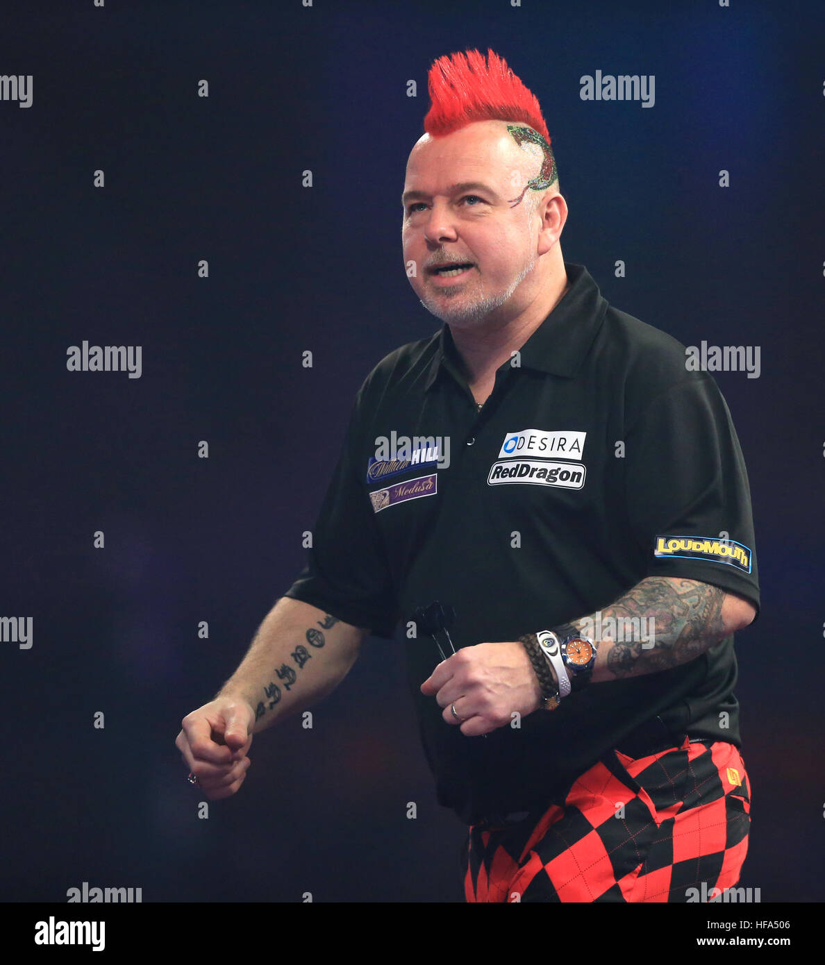 Peter Wright reacts during day eleven of the William Hill World Darts ...