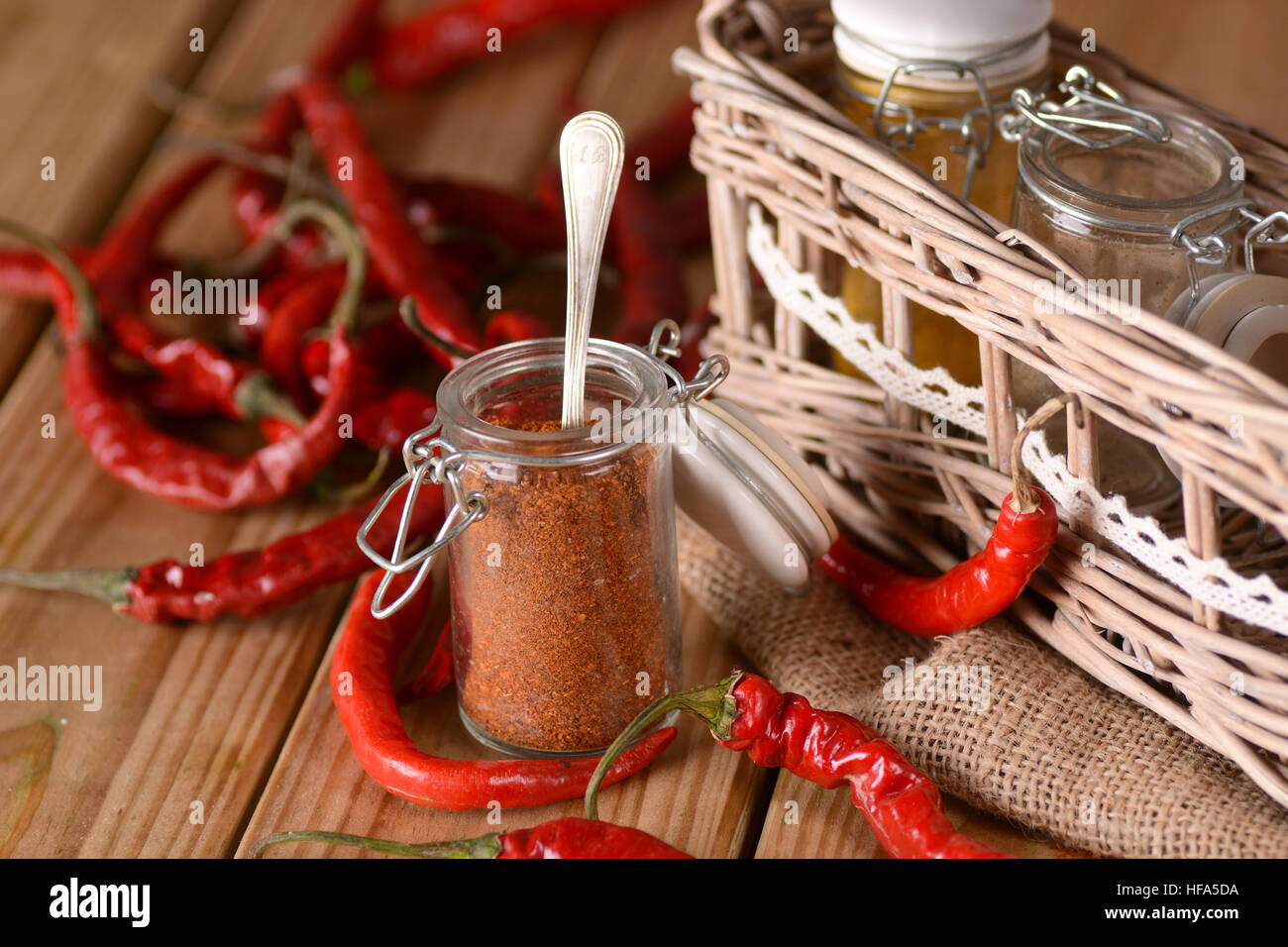 chili powder in glass jar Stock Photo Alamy