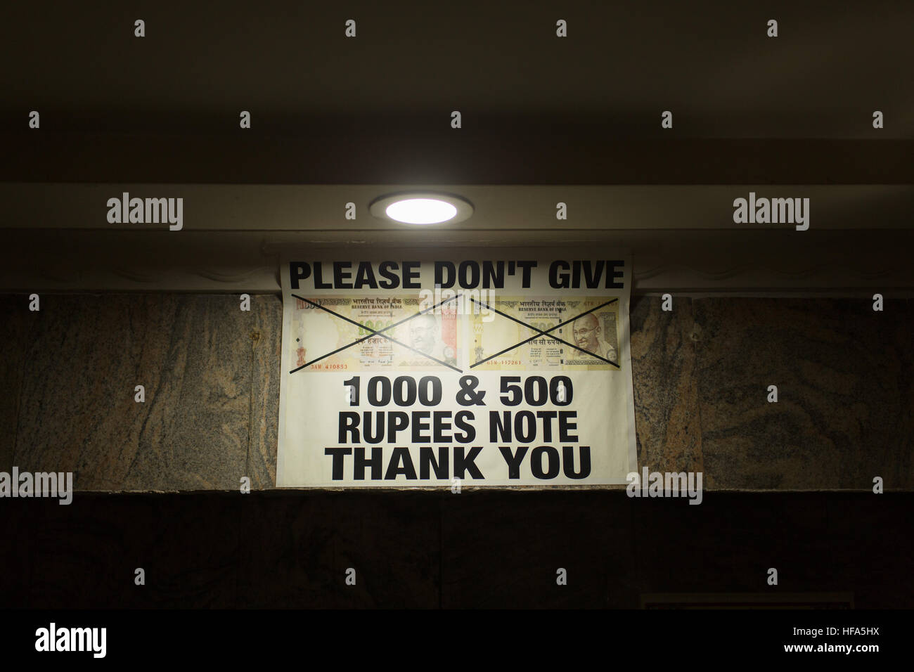 A sign informing public that 500 and 1000 rupee note will not be accepted following demonetisation  INDIA DECEMBER 28,2016 Stock Photo