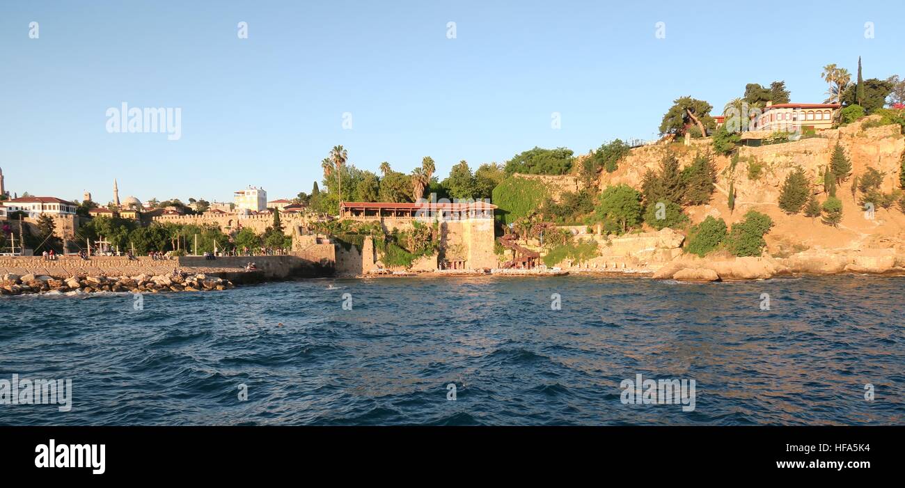 Antalya: Mermerli Beach and Restaurant with the Harbour, City Walls in the Oldtown Kaleici, Turkey Stock Photo