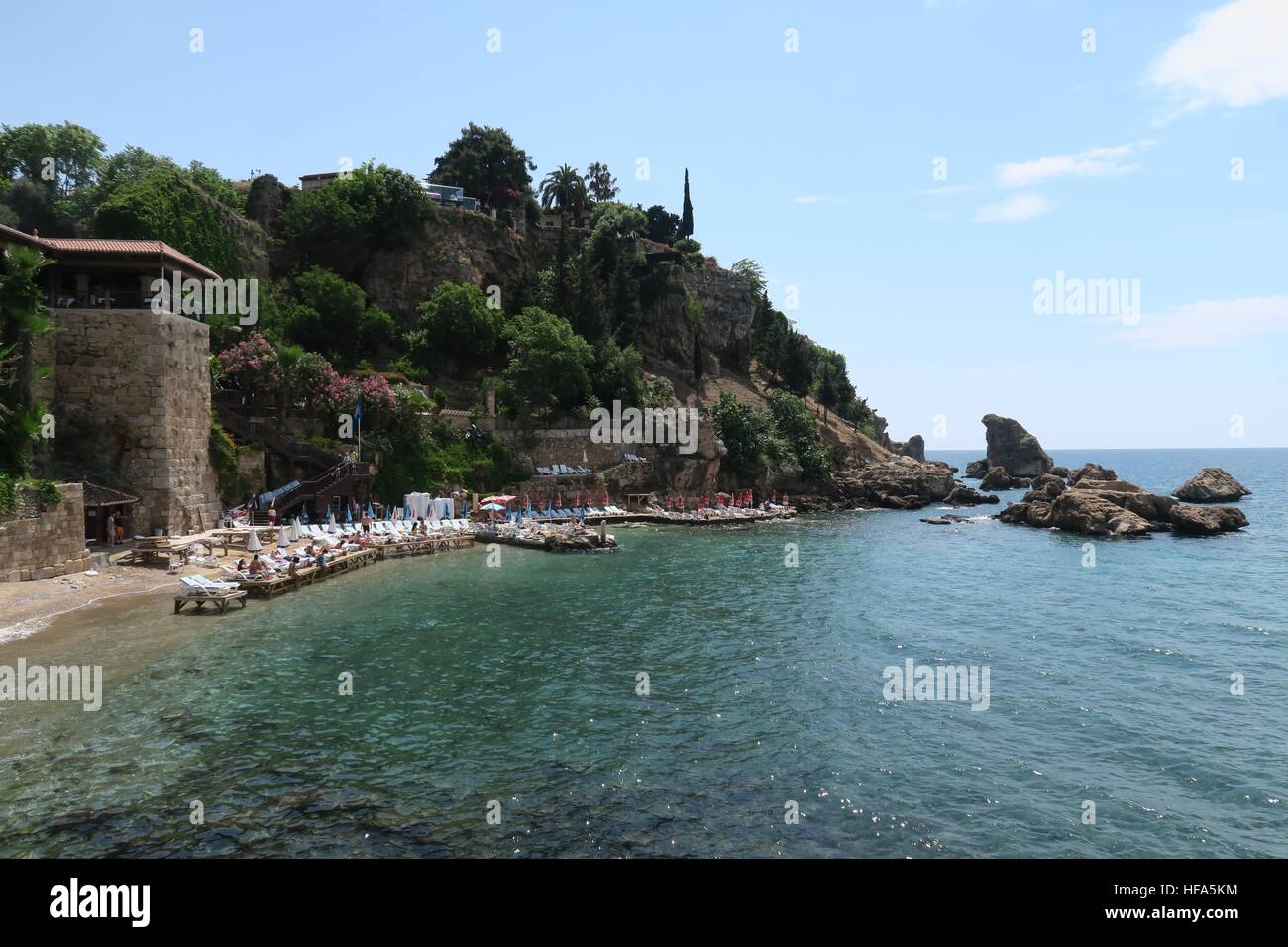 Mermerli Beach and Restaurant with the City Walls in Antalyas Oldtown Kaleici, Turkey Stock Photo