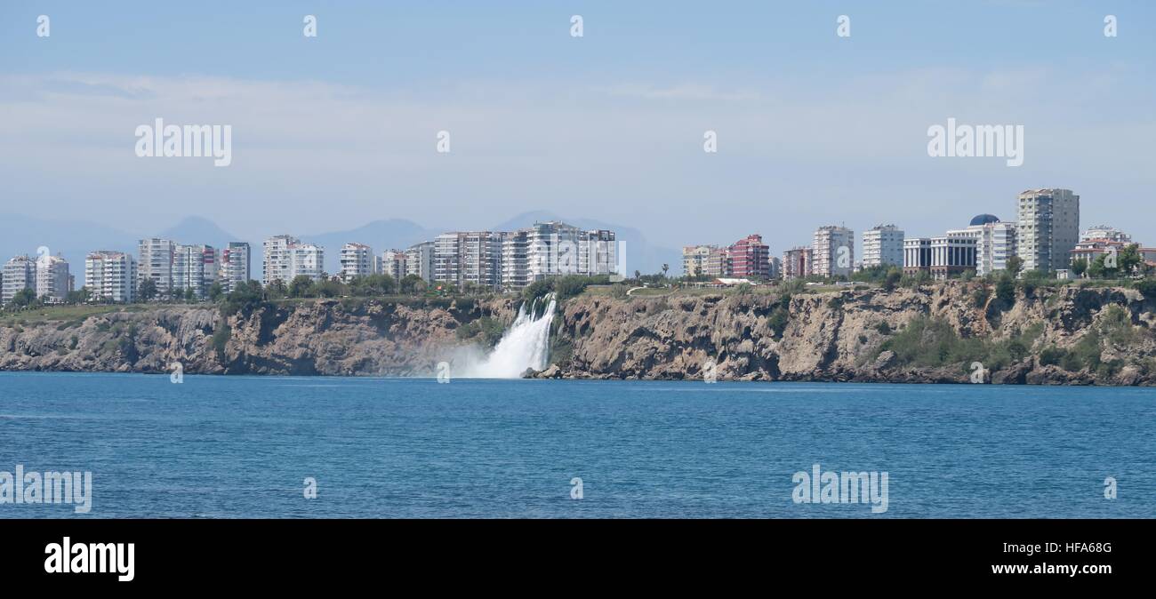 Duden Waterfall as seen from Lara Beach in Antalya, Turkey Stock Photo