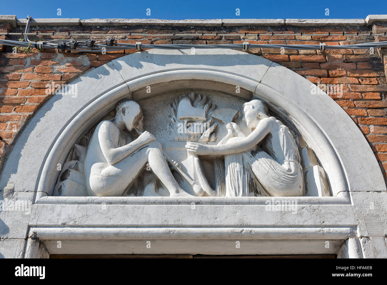 Old building wall sculpture closeup in Murano, Venice, Italy. Stock Photo