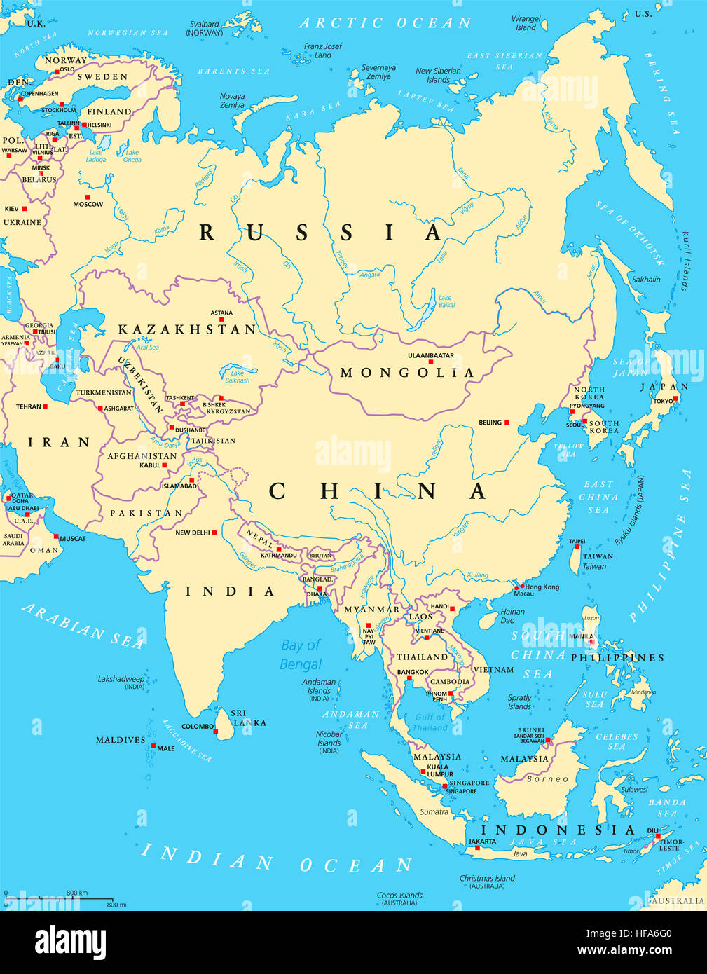 Asia political map with capitals, national borders, rivers and lakes. Largest continent. Stock Photo