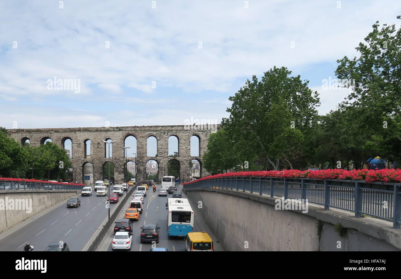Street at the Valens Aqueduct in Istanbul-Fatih, Turkey Stock Photo