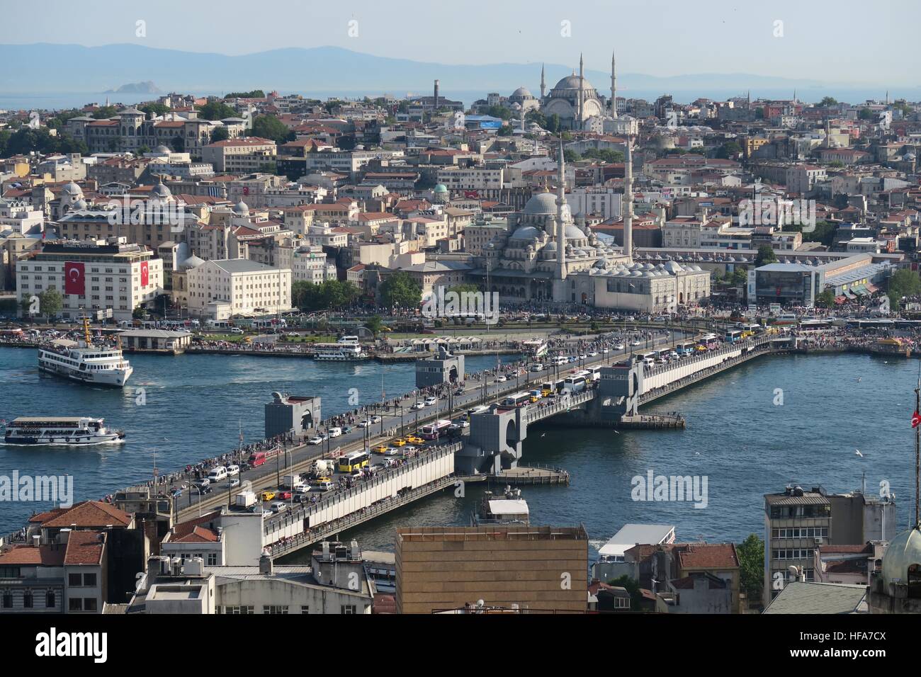 Galata Bridge, the Golden Horn and Bosphorus in Istanbul, Turkey Stock Photo