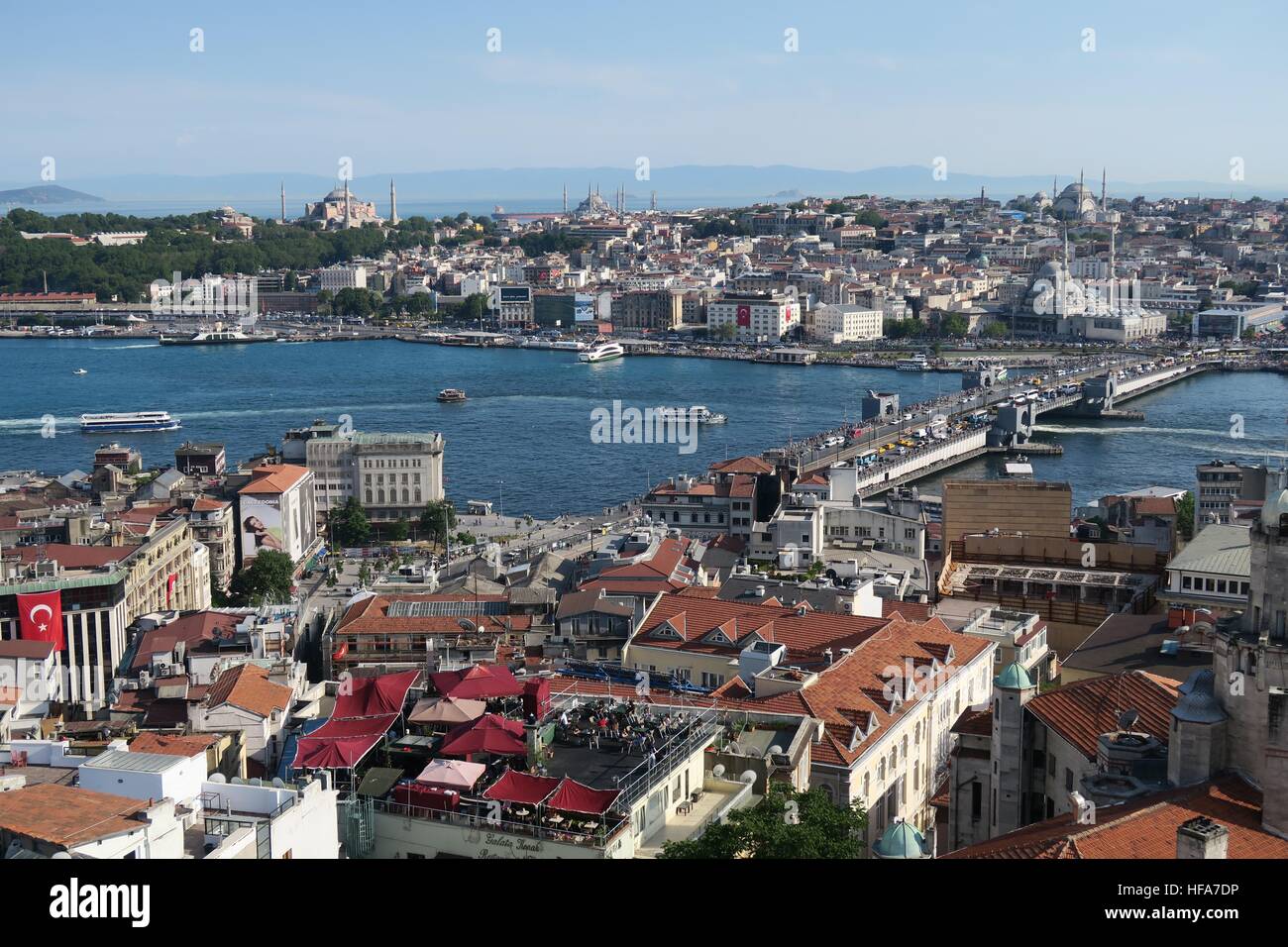 Galata Bridge, Golden Horn, Bosphorus and Istanbuls Oldltown Sultanahmet, plus Hagia Sophia in Turkey. Stock Photo