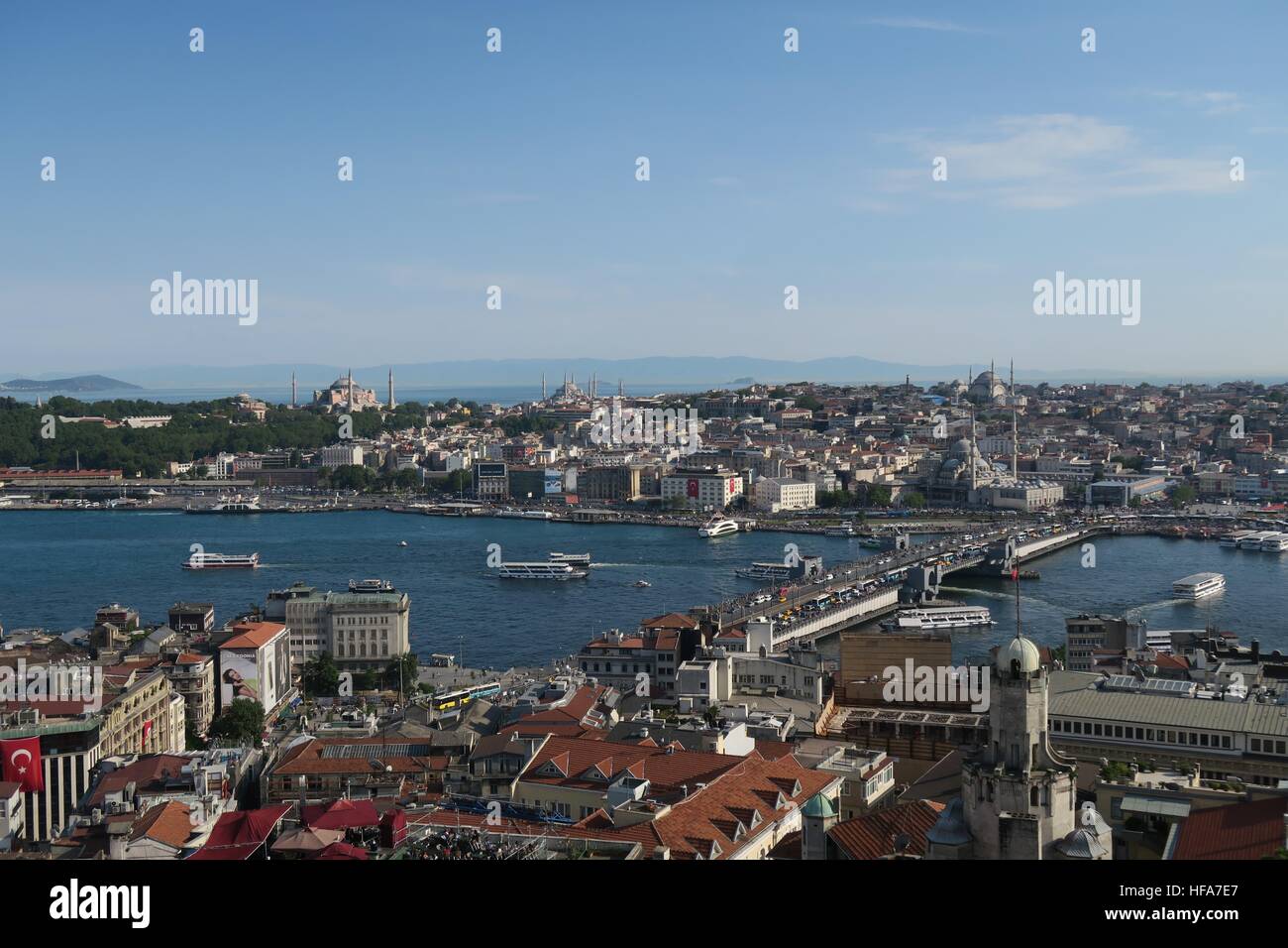 Galata Bridge, Golden Horn, Bosphorus and Istanbuls Oldltown Sultanahmet, plus Hagia Sophia in Turkey. Stock Photo