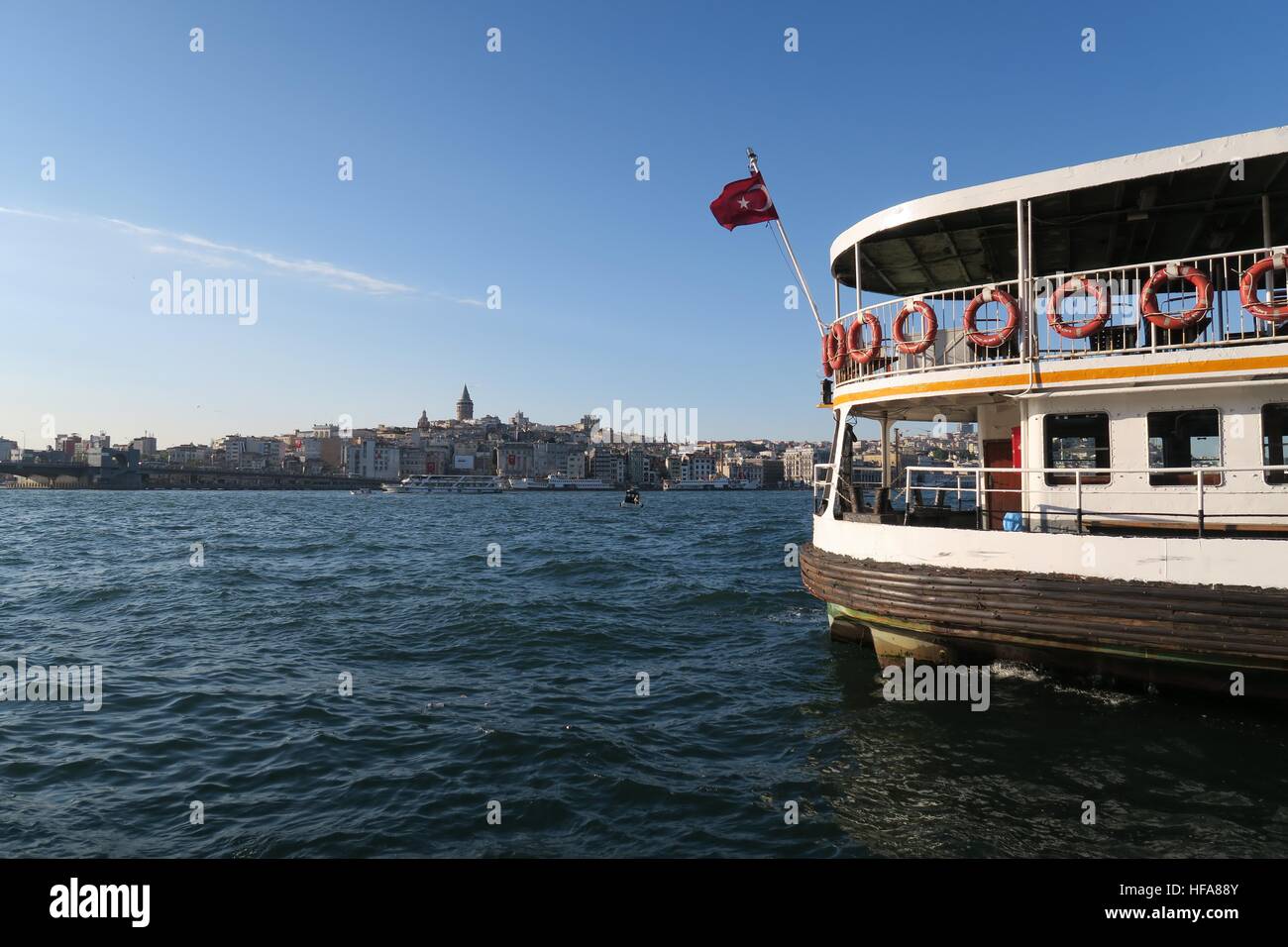 Galata Tower, a Ship and the Golden Horn, View from Istanbuls Oldtown Sultanahmet, Turkey Stock Photo