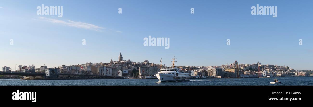 Panorama of Galata Tower, a Ship and the Golden Horn, View from Istanbuls Oldtown Sultanahmet, Turkey Stock Photo