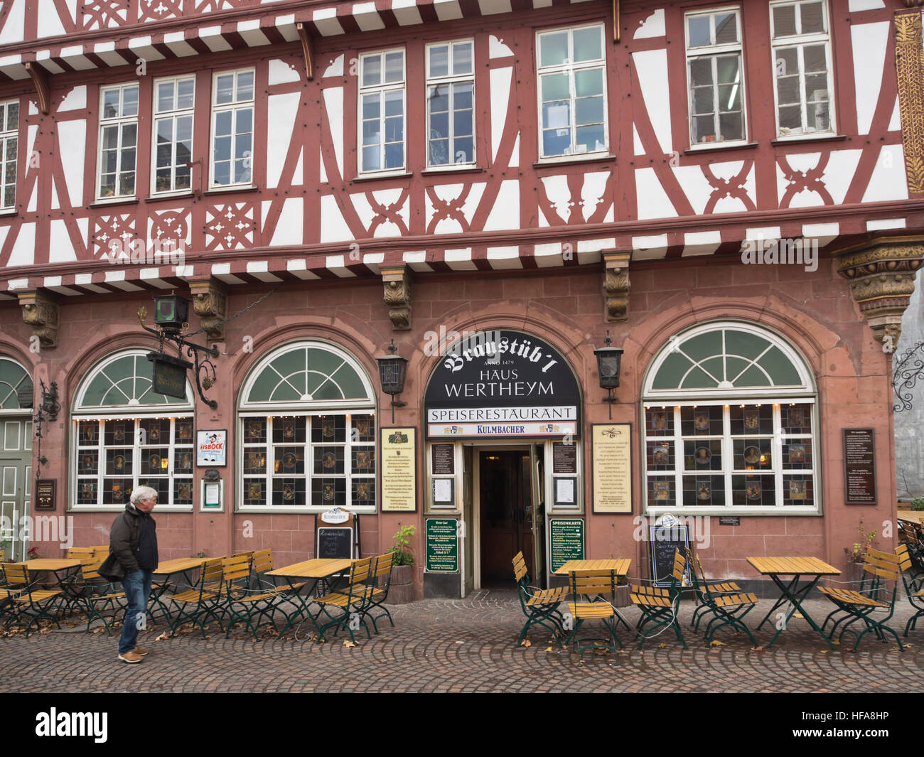 Römerberg  central square in Frankfurt am Main Germany with buildings restored in timber framing, Haus Wertheym restaurant Stock Photo